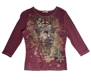 Top De Colección Y2K Azul Cañón Felices Fiestas Mujer L Borgoña Estrás Papá Noel - Imagen 1 de 18