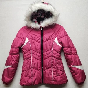 London Fog Jacket Womens Large Pink Hooded Quilted Puffer Faux Fur Winter Coat - Picture 1 of 8
