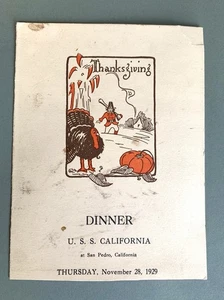 1929 USS California Thanksgiving Dinner Menu Navy Battleship BB-44 San Pedro - Picture 1 of 6