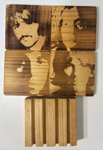 The Beatles Wood Burned Coasters with Stand by Gomez Carvings LBC 4" x 4" - Picture 1 of 10