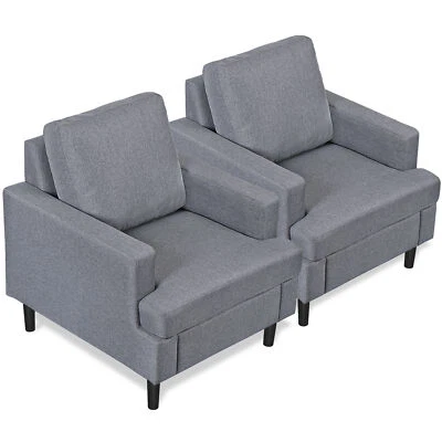 2XModern Accent Chair Linen Fabric Armchair Comfy Upholstered Reading Chair Grey — 第 1/4 张图片