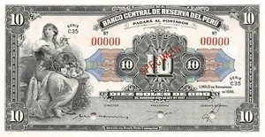 Peru 10 Soles 15.11.1946 P 67s Series C 35 Specimen Uncirculated Banknote - Picture 1 of 2
