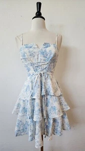 Anthropologie Dress New Size Medium White Linen Blue Floral Toile Granny Cottage - Picture 1 of 5