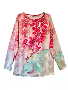 Knosfe Womens Size 2X Long Sleeve Crew Neck Watercolor Floral High Low Tunic Top - Picture 1 of 9