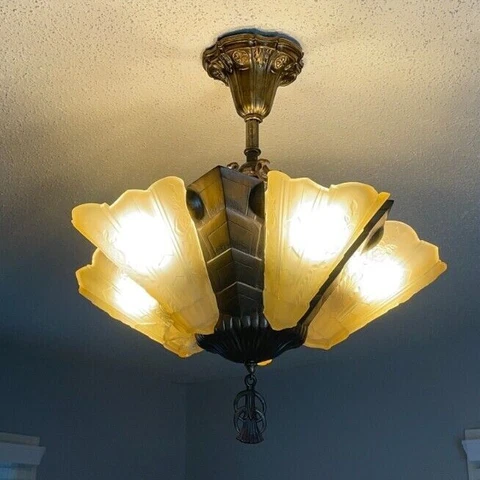 1930s Art Deco 5 Light Cast Iron Slip Shade Fixture Cover
