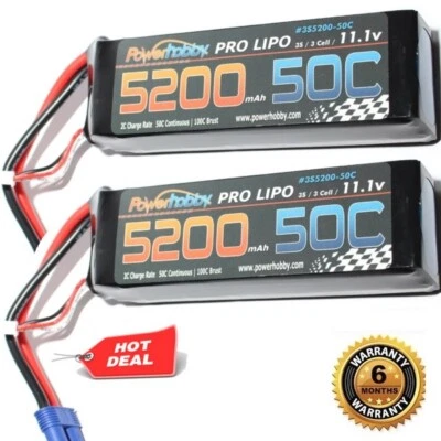 2X PowerHobby 3S 11.1V 5200mAh 50C Lipo Battery Pack w EC5 Plug 3-Cell - Image 1 of 3