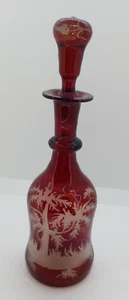 Bohemian Czech Etched Ruby Red Glass Decanter & Stopper, VGC - Picture 1 of 5