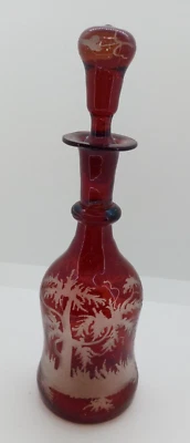 Bohemian Czech Etched Ruby Red Glass Decanter & Stopper, VGC - Image 1 of 4