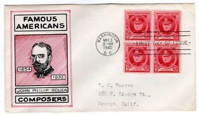 #880 John Philip Sousa Composer Famous Amer FDC 1940 - Warren Hand Drawn - Image 1 of 2