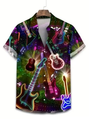 Camisa Hawaiana De Manga Corta Con Botones y Estampado De Guitarra Foto 1 de 3