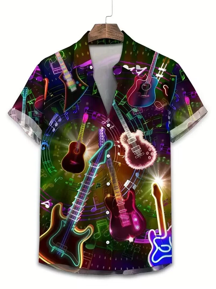 Camisa hawaiana abotonada con botones manga corta estampado guitarra de moda Foto 1 de 3