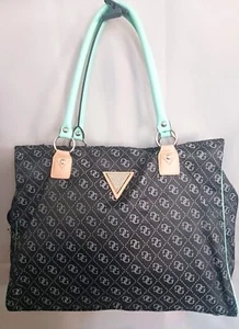 GUESS Womens Black Logo All Over Green Handles Zip Large Tote Bag Authentic - Picture 1 of 8