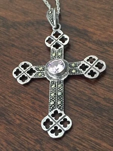 VINTAGE STERLINGSILBER KREUZ ANHÄNGER AN KETTE MIT HELLROSA STEIN - Bild 1 von 6