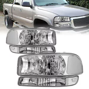 For 1999-2006 GMC Sierra/ 00-06 Yukon 4Pcs Factory Chrome Headlights+Bumper Lamp - Bild 1 von 7