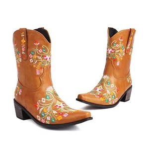 Western Ankle Boots Cuban Heel embroidery Flower SquareToe Women's Pull on Shoes - Picture 1 of 31