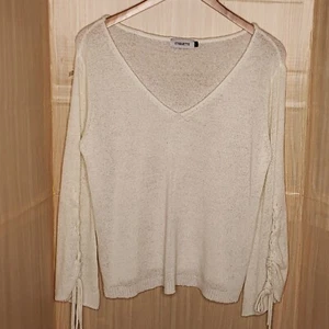 Etiquette Womens White Soft Textured Lace Up Bell Sleeve Sweater Medium - Picture 1 of 6
