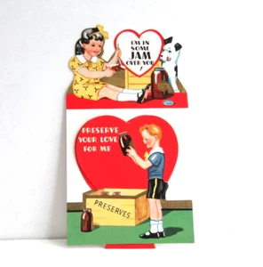 Valentine Card Die Cut  Girl Boy Dog Jam Preserves No Envelope Signed 1938 - Picture 1 of 3