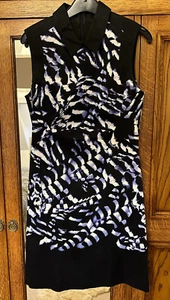 KAREN MILLEN Sheath Pencil Dress fits UK 10 S-M blue white black abstract cotton - Picture 1 of 12