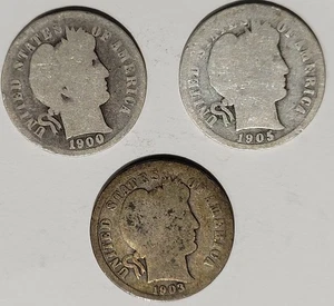 Set of (3) 1900, 1903, 1905 P Philadelphia Mint Barber Dime - Picture 1 of 2