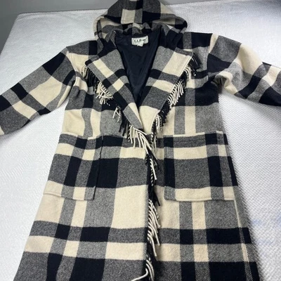 Vintage LL Bean Wool Blend Plaid Fringe Hooded Coat Jacket Black Cream Women's - Image 1 of 4