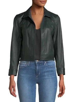 New W/O Tags Theory Shrunken Jean Jacket Bristol Leather Jacket In Green Size P - Image 1 of 4
