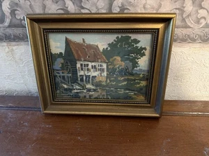 PUNTO AGO GOBELIN cornice legno vintage scena di campagna paesaggio casale mulino - Foto 1 di 5