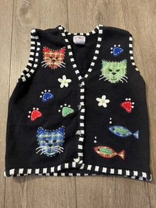Vintage PBJ Sport Kitty Cat Button Black Colorful Embroidered Vest Sz M - Picture 1 of 6