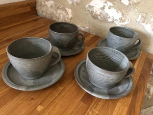 Made In Cley Cups and Saucers x 4 Studio Pottery Norfolk Grey Vintage Rare Tea - Picture 1 of 14