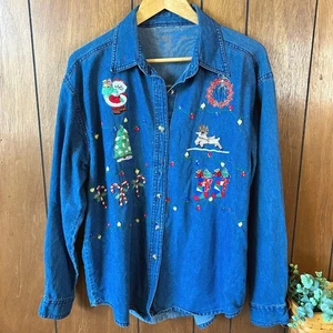 Vintage Weihnachten Denim Knopfleiste Hemd Santa Lehrer Neuheit Urlaub Party - Bild 1 von 10