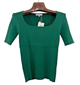 Oprexo Neu mit Etikett Damen geripptes Strick Stretch Top Medium grün Kurzarm quadratischer Ausschnitt - Bild 1 von 11