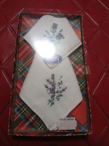 PAIR Vintage SOUVENIR Of SCOTLAND Cotton THISTLE & HEATHER HANDKERCHIEFS- 1960's - Picture 1 of 3