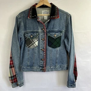 Vintage 80’s Jordache Plaid Patchwork Denim Jacket Med Retro Eclectic Grandpa - Picture 1 of 7