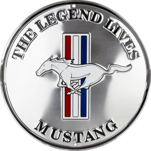 FORD THE LEGENDARY MUSTANG 24" X LARGE ROUND SIGN METAL TIN EMBOSSED LOGO GARAGE - Picture 1 of 5