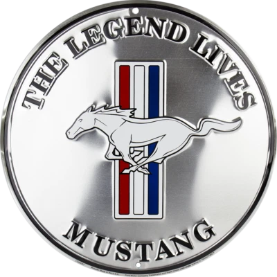 FORD THE LEGENDARY MUSTANG 24" X GRANDE LETRERO REDONDO METAL ESTAÑO LOGOTIPO EN RELIEVE GARAJE Foto 1 de 4