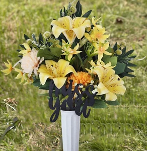 Artificial Yellow Liles and Mums Daises Flowers Cemetery Grave Arrangement Decor - Picture 1 of 6