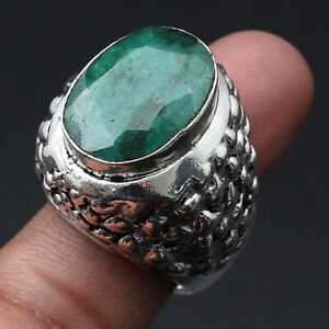 Q3461 Emerald Faceted Silver Plated Antique Style Ring US 8 Gemstone Jewelry