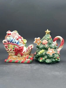 Fitz & Floyd 1996 Hand-Painted Christmas Tree & Sleigh Cream & Sugar Set Vintage - Picture 1 of 7