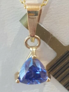 Tanzanite Labcreated Trillion Cut Pendant 10KT Solid Yellow Gold - Picture 1 of 12