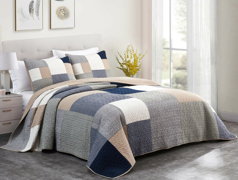 Addy Gray Taupe Plaid Patchwork Bedspread Coverlet Pre-Washed Cotton Quilt Set - Image 1 of 4