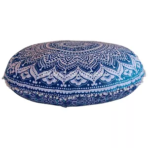 32 in Round Ottoman Bohemian Blue Floor Cushion Ombre Mandala Floor Pillow - Picture 1 of 5