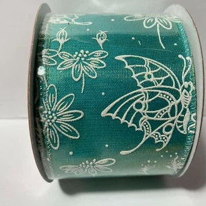 Wired Ribbon Butterfly Flower Simply Spring 2.5" 25 Feet Craft Bow Teal White - Picture 1 of 12