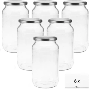 6 Einmachgläser 1,1 Liter Vorratsglas Glasdosen mit Deckel silber + Etiketten - Bild 1 von 8