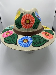 MEXICAN Artisan Hat Hand Painted Fedora Floral Sombrero Panama Bohemian M - Picture 1 of 8