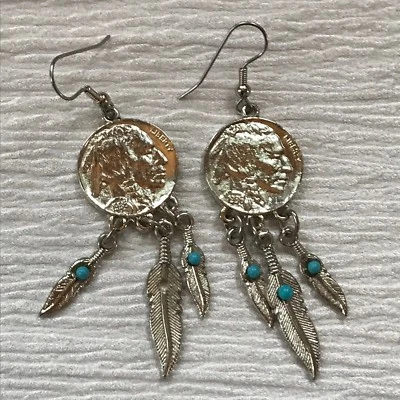 Estate Silvertone Faux  Head Nickel with Feather Charms Southwest Dangle E - Image 1 of 4