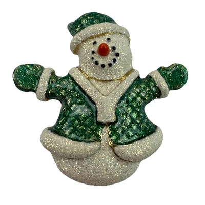Broche Muñeco de Nieve Danecraft Pin Esmalte Brillo Verde Abrigo Vacaciones Navidad Foto 1 de 4
