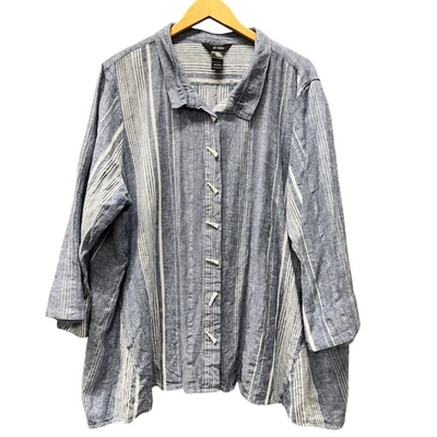 Blusa Ali Miles Mujer 3X Azul Lino Algodón Costera Abotonada Túnica Artística Foto 1 de 4