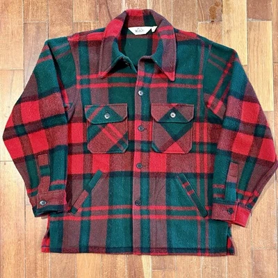 复古 70 年代羊毛大衣男式 L 码羊毛狩猎夹克圣诞节绿色红色格子 — 第 1/4 张图片