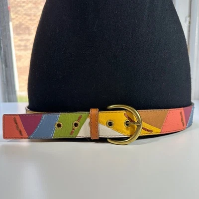 Cinto de couro fóssil multicolorido geométrico patchwork fivela de latão tamanho G vintage boho - Imagem 1 de 4