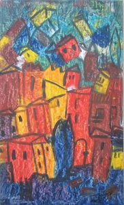 expressive Stadtszene 100x60cm Ölbild /LW Italien modern gespachtelt rot blau - Bild 1 von 9