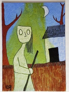 e9Art ACEO woman walking at night outsider art brut naive - Picture 1 of 3